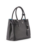 Vitello Daino Small Double Tote Bag, Black/Blue (Nero/Blu)