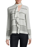 Long-Sleeve Striped Ruffle Blouse, Gray/Multicolor