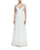 Short-Sleeve V-Neck Netting Gown, Ivory