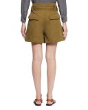 Oscar Paperbag-Waist Wide-Leg Twill Shorts, Khaki