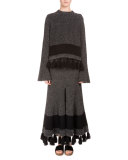 Long-Sleeve Fringe-Hem Sweater, Black/Combo