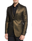 Textured Metallic Brocade Evening Jacket, Black/Gold