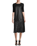 Embroidered Floral Laser-Cut Leather Midi Skirt, Black
