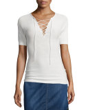 Crochet Lace-Up Top, Blanc