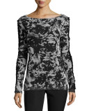 Bateau-Neck Rose-Print Sweater, Black/White 