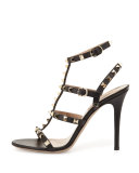 Rockstud Leather T-Strap 105mm Sandal, Nero