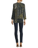 Adeline Bracelet-Sleeve Printed Silk Blouse, Galaxy Blue Multi