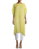 Short-Sleeve Airy Linen Maltinto Long Poncho, Yarrow 