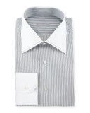 Contrast-Collar Striped Dress Shirt, White/Black