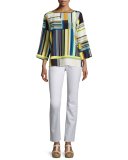 Bateau-Neck Striped Silk Blouse, Multi
