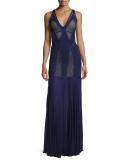 Sleeveless Mesh-Inset Bandage Gown, Classic Blue