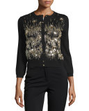 3/4-Sleeve Sequin-Front Cardigan, Black/Gold