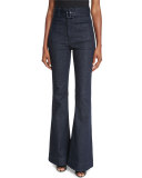 Belted High-Waist Flare-Leg Jeans, Indigo