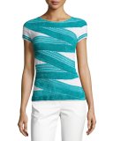 Chenille Striped Short-Sleeve Sweater, Azure/White