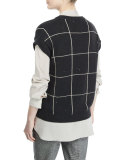 Cap-Sleeve Embellished Windowpane Pullover, Charcoal