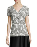 Metallic Blossom Faux-Wrap Blouse, Bianco/Caviar