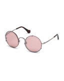 Round Monochromatic Metal Sunglasses, Light Ruthenium/Brown