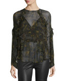 Lixine Ruffle-Trim Chiffon Camo Top, Black/Khaki