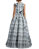 Sleeveless Embroidered Check Ball Gown, White/Black