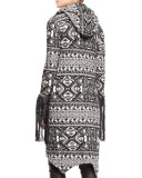 Multipattern Hooded Leather-Trim Coat, Black/White
