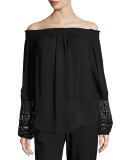 Karalee Long-Sleeve Off-the-Shoulder Silk Blouse, Black