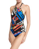 High-Neck Lattice One-Piece Swimsuit