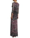 3/4-Sleeve V-Neck Floral-Print Long Dress