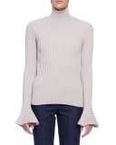 Trumpet-Sleeve Ribbed Pullover, Beige