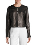 Collarless Cropped Pebbled Leather Jacket, Black