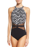 Marble High-Neck One-Piece Swimsuit, Black/White, Plus Size