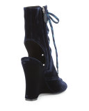 Velvet Lace-Up Wedge Bootie, Navy