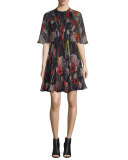 Floral Half-Sleeve Cocktail Dress, Black/Multi