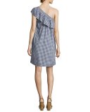 Virgie Gingham One-Shoulder Shift Dress, Navy Blue/White