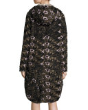Long Floral-Lace Satin Parka, Khaki Multi