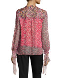 Brunella Floral-Print Lace-Yoke Silk Blouse, Multi