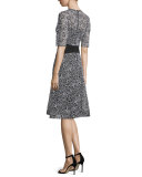 Embroidered-Mesh Half-Sleeve Cocktail Dress, Black/White