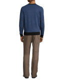 Sueded-Trim Crewneck Sweater, Navy