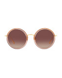 Trimmed Round Mirrored Sunglasses, Pink/Yellow Gold