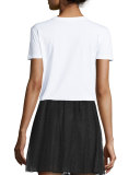 Ruffled Lace-Front Short-Sleeve Top, White