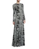 Leaf-Print Silk Long-Sleeve Gown, Black/Gray