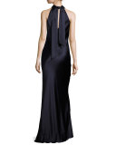 Tie-Neck Sleeveless Silk Gown, Dark Blue