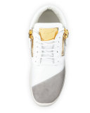 Singleg Leather & Suede Side-Zip Sneaker, White/Gray