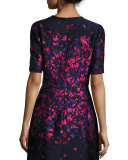 Floral-Embroidered Half-Sleeve Cropped Jacket, Navy/Hot Pink