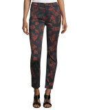Rose-Print Skinny Jeans, Rouge/Black