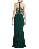 Sleeveless Striped Illusion Stretch Jersey Gown, Hunter