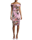 Off-the-Shoulder Floral Sheath Dress, Pink