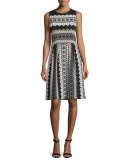 Printed Shimmer-Knit Sleeveless Dress, Caviar/Multi