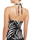 High-Neck Printed Tankini Swim Top, Black/White