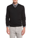 Fine-Gauge V-Neck Sweater, Black