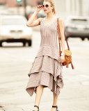 Sleeveless Tiered Striped Jersey Dress, Gray